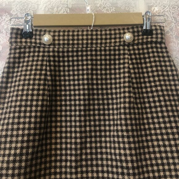 Wool blend Houndstooth Mini Skirt Brown Tan A-Line Preppy Small side zip - Picture 3 of 6